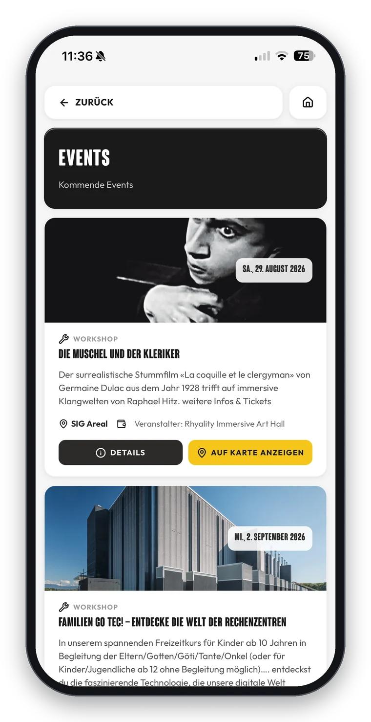 Veranstaltungen auf dem SIG Areal in der App, mit Datum, Ort und Details