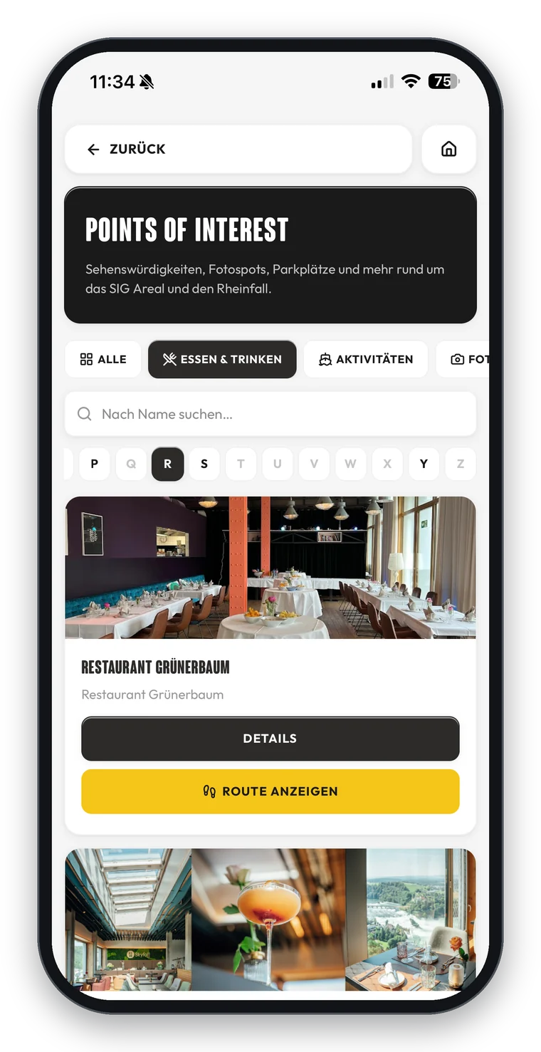 Points of Interest in der SIG Areal App mit Filtern für Restaurants, Aktivitäten und Fotospots