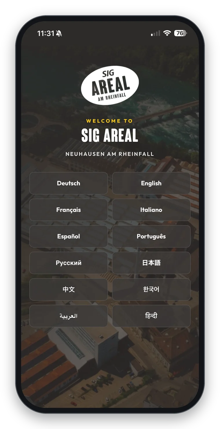 Sprachauswahl der SIG Areal App mit zwölf Sprachen von Deutsch bis Hindi