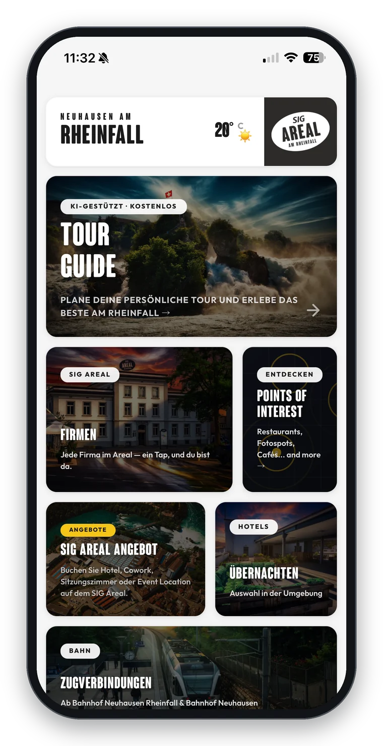 Startseite der SIG Areal App mit Wetter, Tour Guide und Kacheln für Firmen, Points of Interest und Angebote