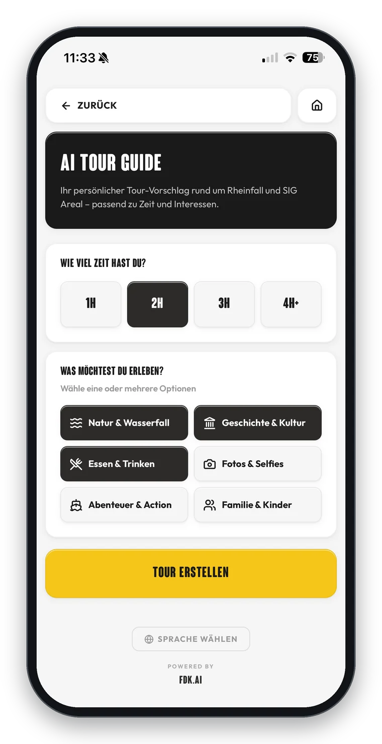 Der KI‑Tour‑Guide der SIG Areal App mit Auswahl von verfügbarer Zeit und Interessen