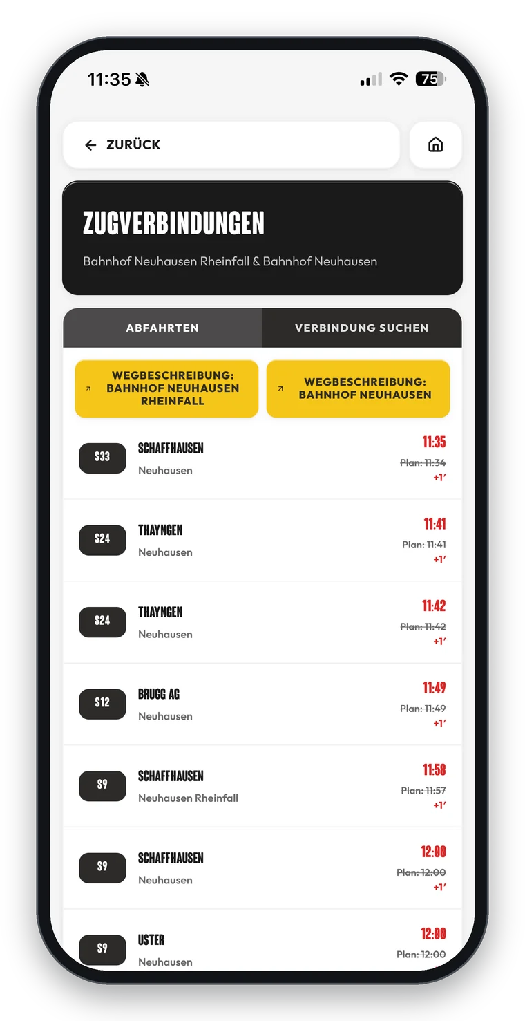 Live‑Zugverbindungen in der SIG Areal App mit Abfahrtszeiten, Gleis und Verspätung